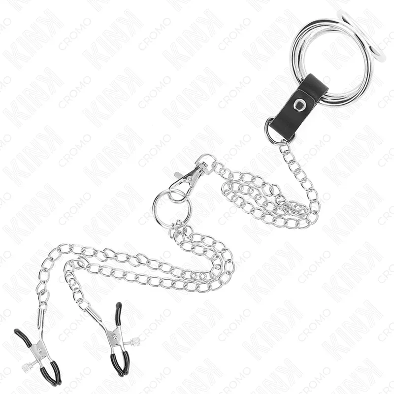 KINK - ANILLO PENE TRIPLE METAL CROMADO 3 CM A 4.5 CM CON CADENA METAL 26 CM Y PINZAS PARA PEZONES - Nuvica