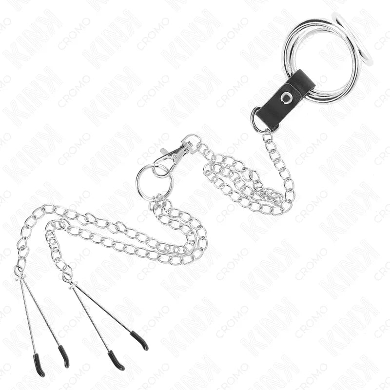 KINK - ANILLO PENE TRIPLE METAL CROMADO 3.8 CM A 5 CM CADENA METAL 26 CM Y PINZAS PARA PEZONES MODELO 2 - Nuvica