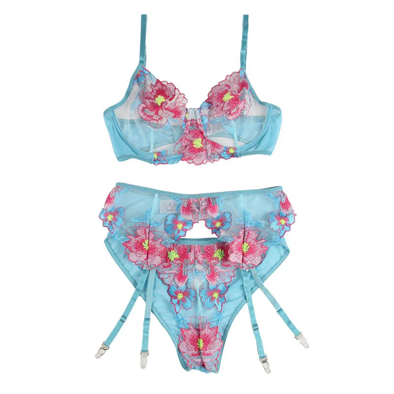 SUBBLIME - 954109 SUJETADOR + PANTIES CON LIGUERO DISEÑO FLORAL AZUL S/M - Nuvica
