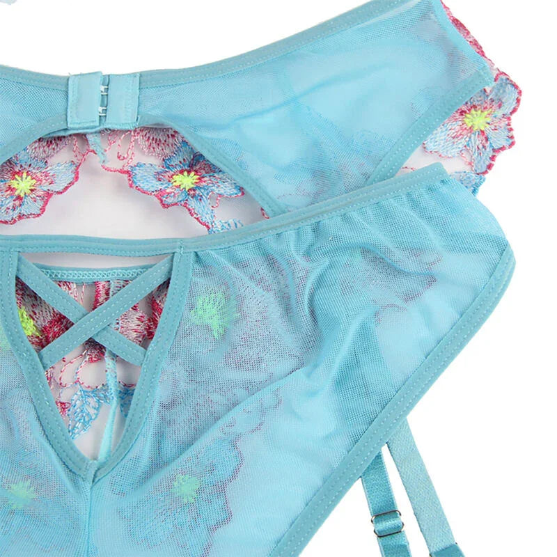 SUBBLIME - 954109 SUJETADOR + PANTIES CON LIGUERO DISEÑO FLORAL AZUL S/M - Nuvica