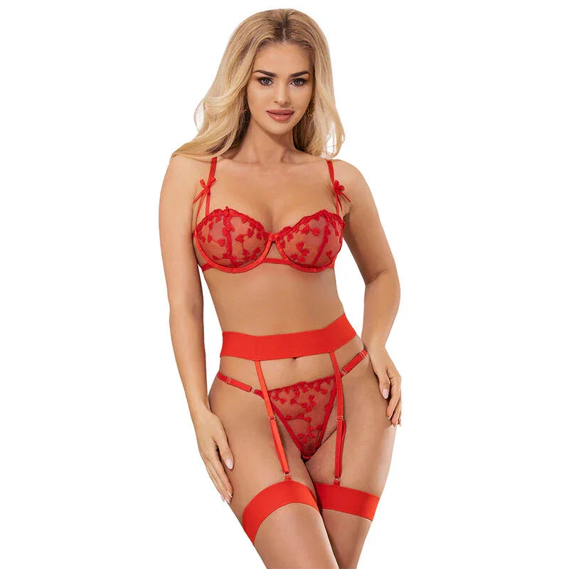 SUBBLIME - 954321 SUJETADOR + TANGA + LIGUEROS ESTAMPADO DE CORAZONES ROJO S/M - Nuvica