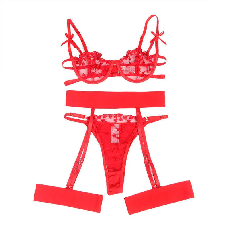 SUBBLIME - 954338 SUJETADOR + TANGA + LIGUEROS ESTAMPADO DE CORAZONES ROJO L/XL - Nuvica