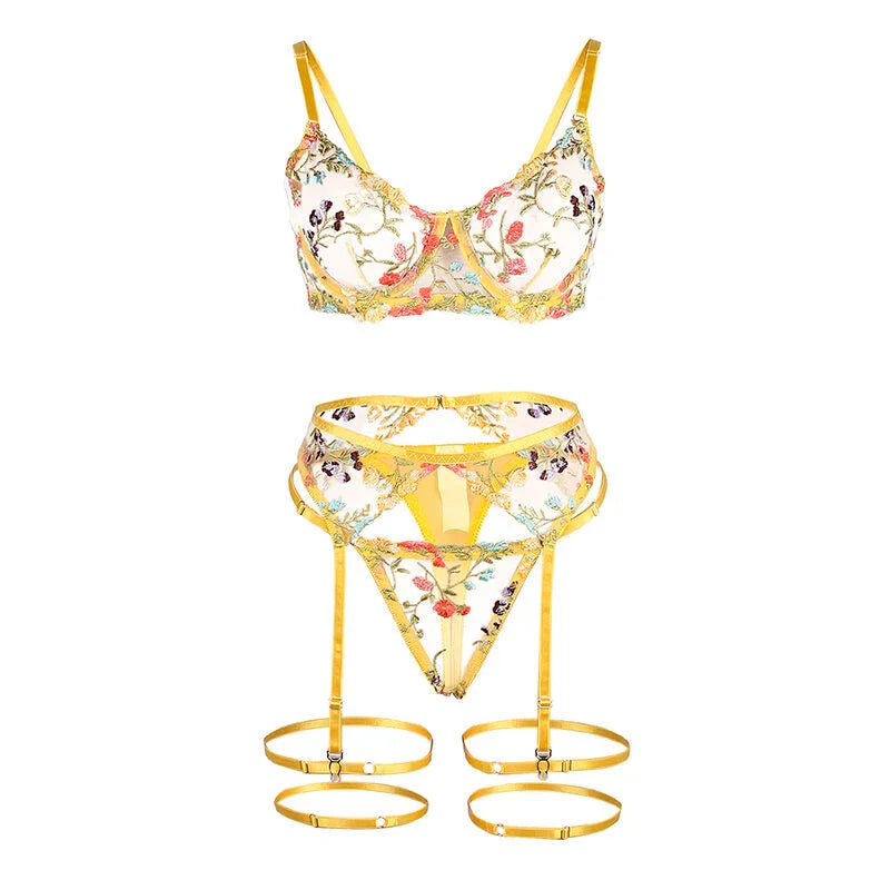 SUBBLIME - 954352 SUJETADOR + TANGA + LIGUEROS DISEÑO FLORAL AMARILLO L/XL - Nuvica