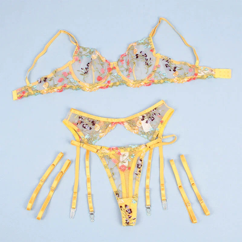 SUBBLIME - 954352 SUJETADOR + TANGA + LIGUEROS DISEÑO FLORAL AMARILLO L/XL - Nuvica