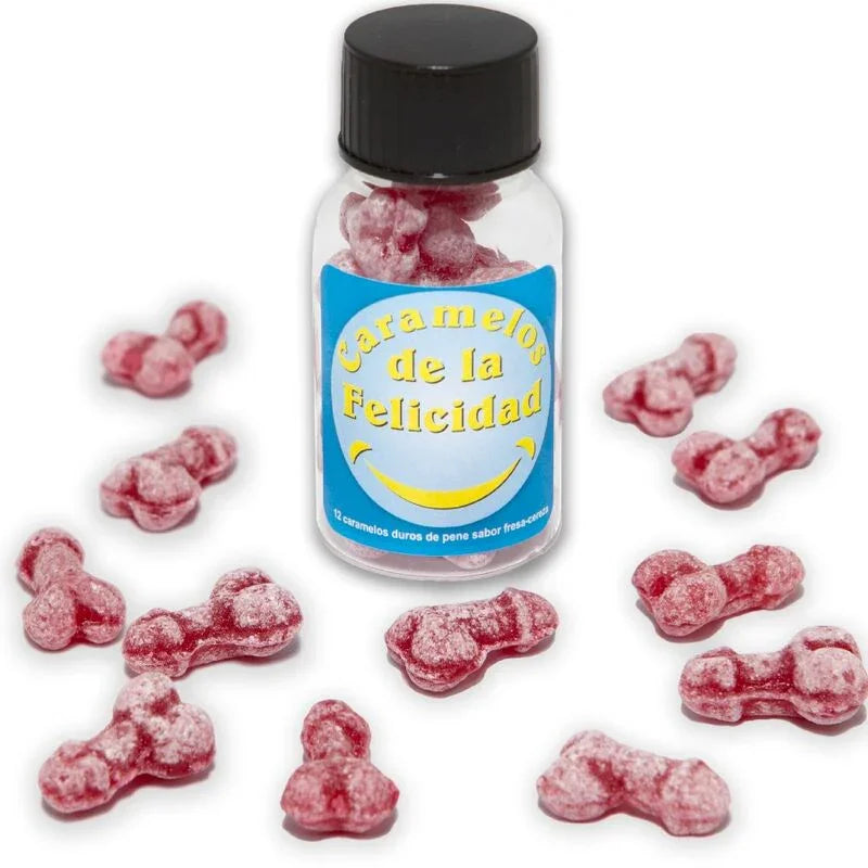 DIABLO PICANTE - BOTE 12 CARAMELOS DE LA FELICIDAD FORMA PENE FRESA/CEREZA - Nuvica