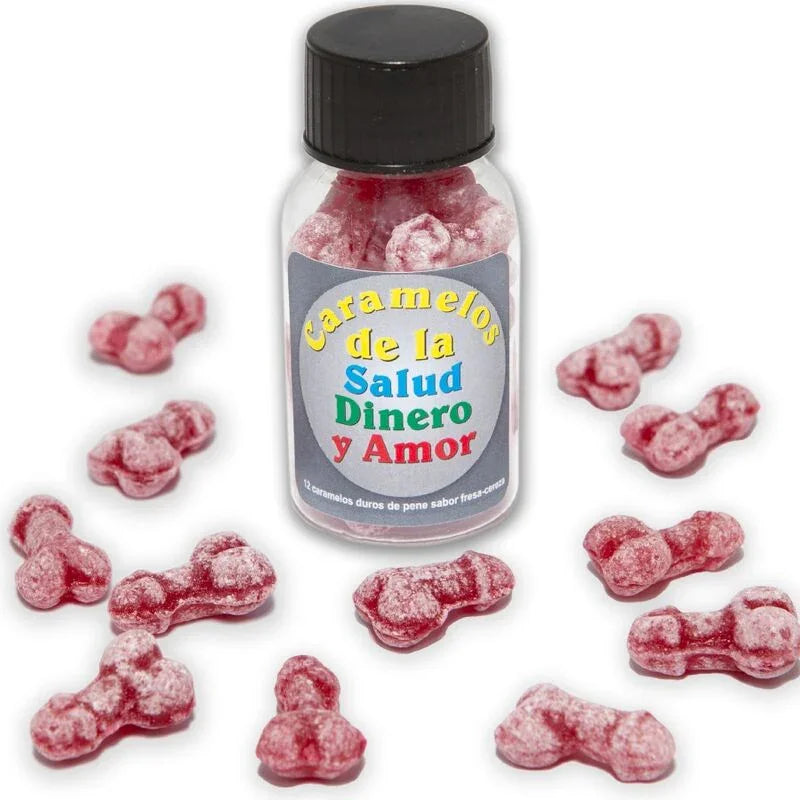 DIABLO PICANTE - 12 CARAMELOS DE LA SALUD-DINERO-AMOR FORMA PENE FRESA/CEREZA - Nuvica