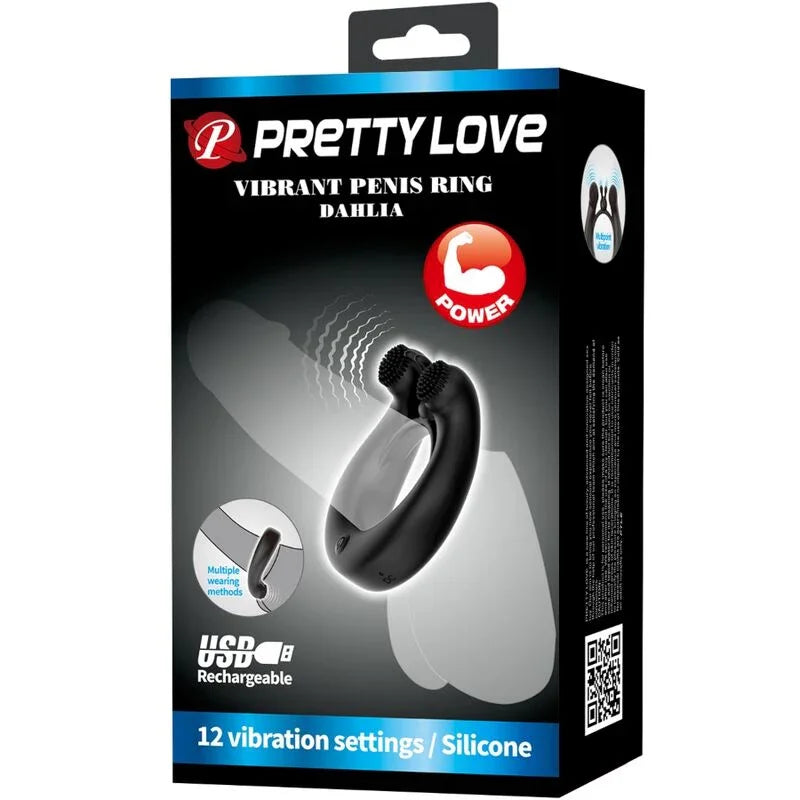 PRETTY LOVE - DAHLIA ANILLO VIBRADOR + ESTIMULADOR DE CLÍTOIS 12 VIBRACIONES NEGRO - Nuvica