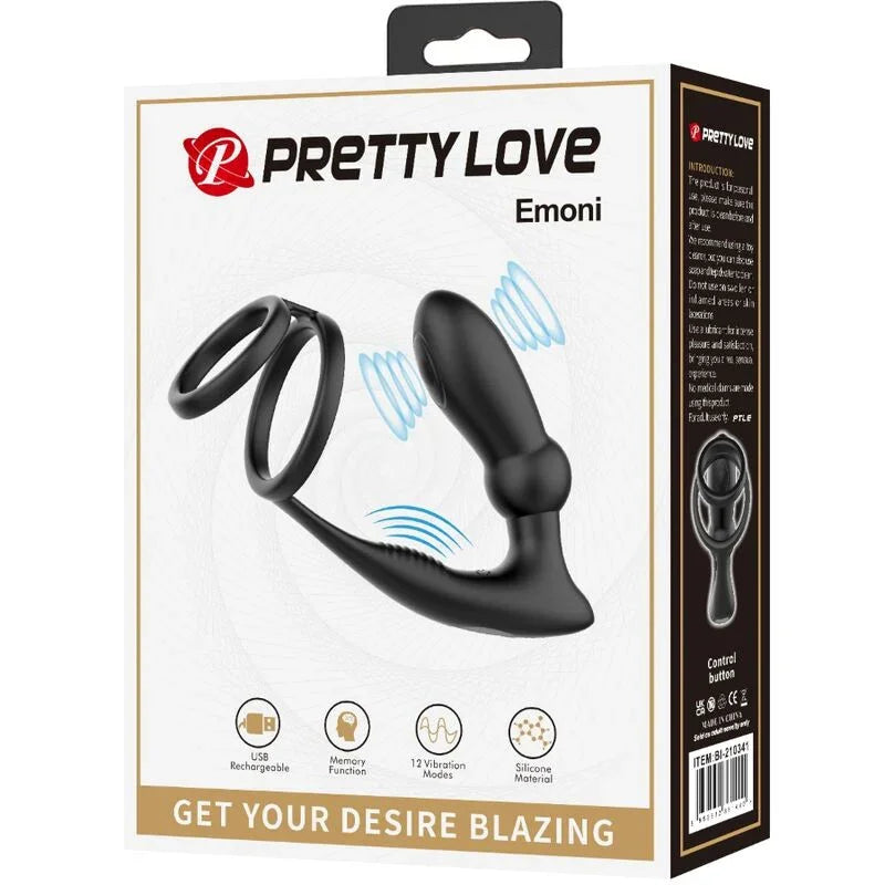 PRETTY LOVE - EMONI ANILLO PENE + PLUG ANAL 12 VIBRACIONES NEGRO - Nuvica