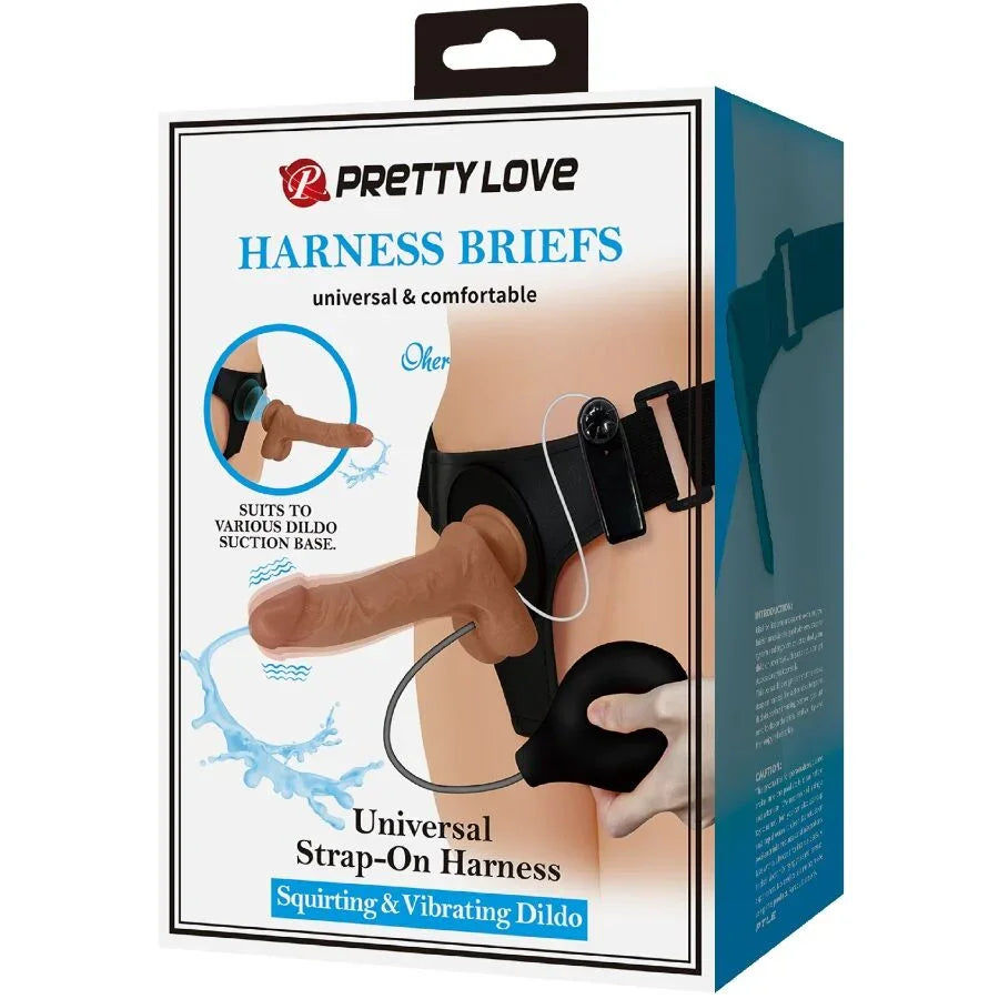 PRETTY LOVE - HARNESS BRIEFS UNIVERSAL CON DILDO VIBRACIÓN Y SQUIRTING 15.5 CM MULATO - Nuvica