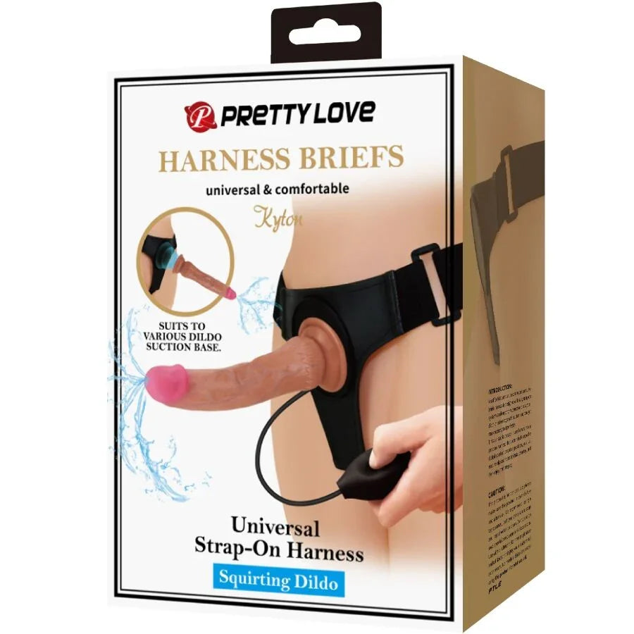 PRETTY LOVE - KYTON HARNESS BRIEFS UNIVERSAL CON DILDO SQUIRTING 19 CM MULATO - Nuvica