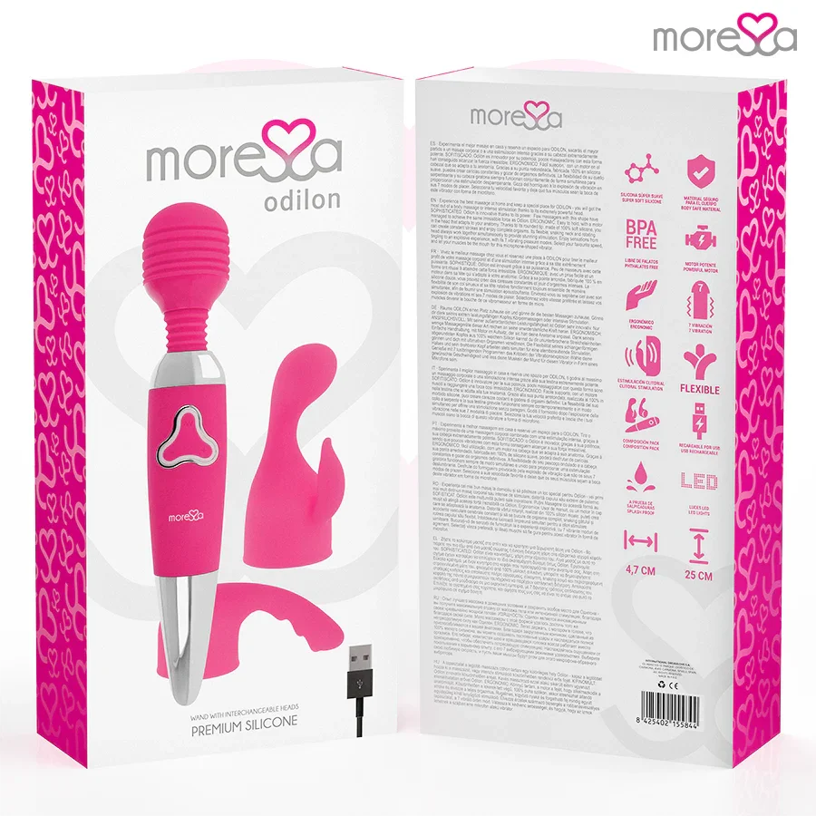 MORESSA - ODILON WAND POTENTE MOTOR MAS DOS CABEZALES PREMIUM SILICONE RECARGABLE - Nuvica