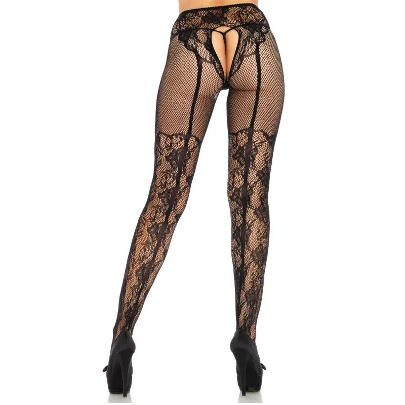LEG AVENUE - MEDIAS ALTAS CON ABERTURA TRASERA DISEÑO FLORAL TALLA ÚNICA - Nuvica