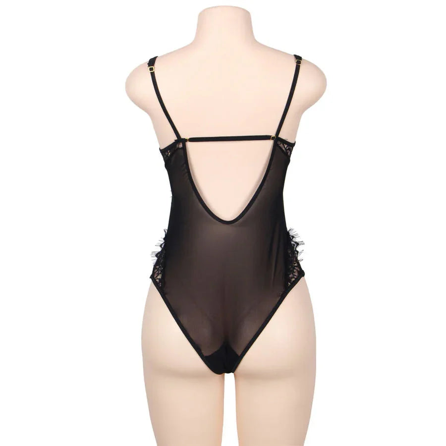 SUBBLIME - TEDDY ENCAJE FLORAL Y CON FLECOS NEGRO TALLA GRANDE - Nuvica