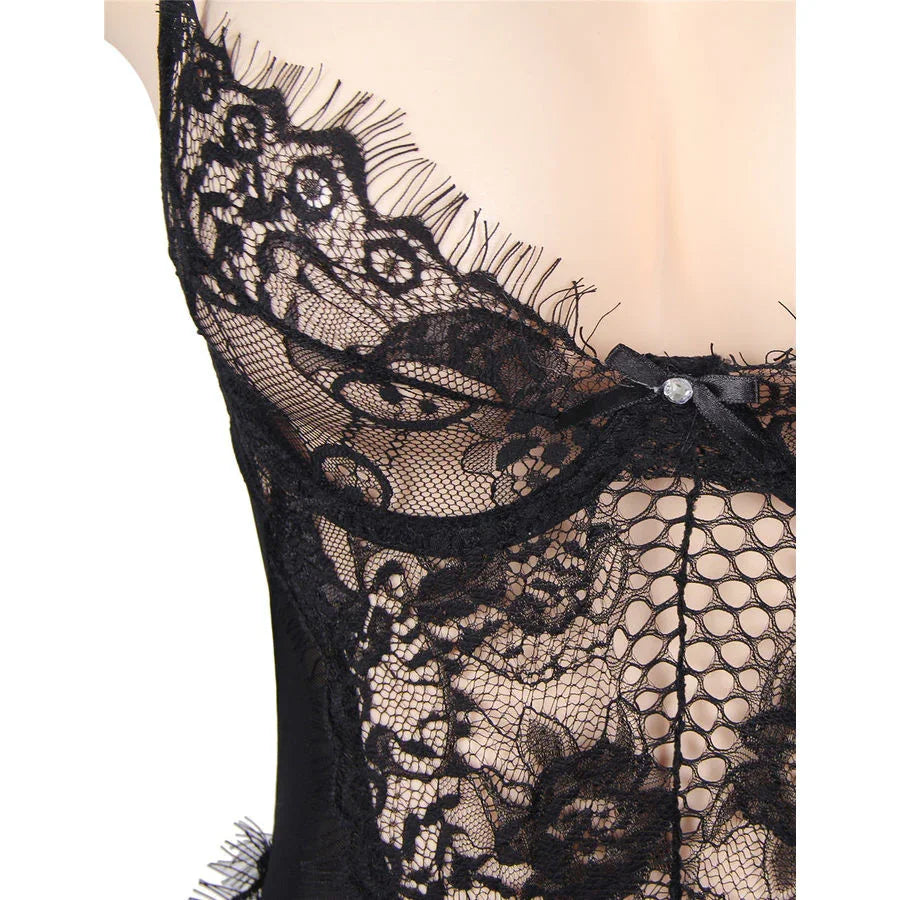 SUBBLIME - TEDDY ENCAJE FLORAL Y CON FLECOS NEGRO TALLA GRANDE - Nuvica