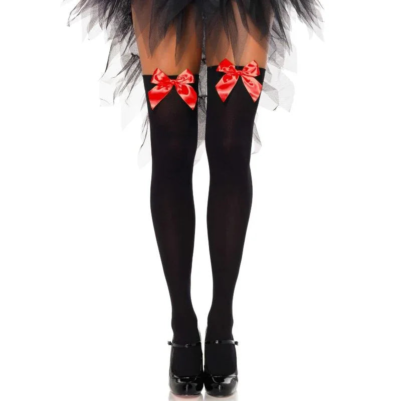 LEG AVENUE - MEDIAS ALTAS NEGRAS CON LACITO ROJO TALLA ÚNICA - Nuvica