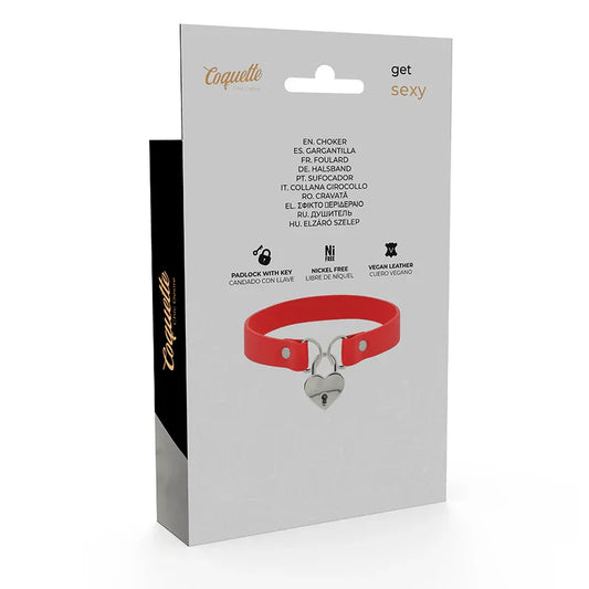 COQUETTE CHIC DESIRE - COLLAR CUERO VEGANO ROJO ACCESORIO CORAZÓN CON LLAVE - Nuvica