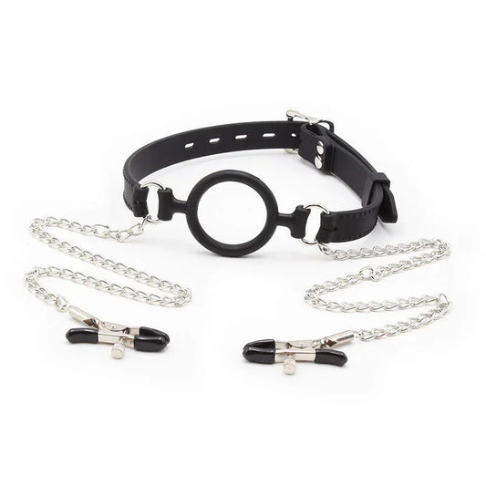 OHMAMA FETISH - MORDAZA DE ANILLA CON CADENAS Y PINZAS PEZONES - Nuvica