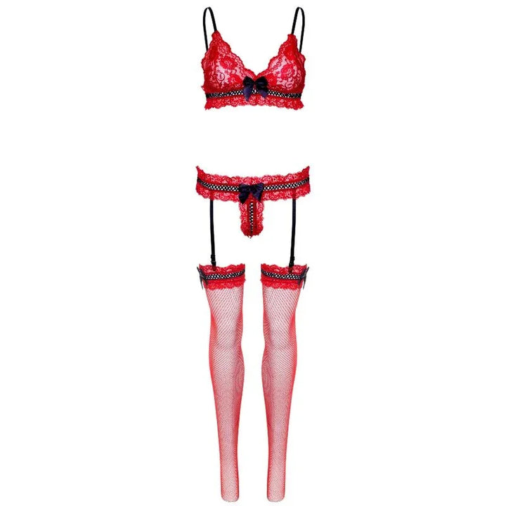 LEG AVENUE - SET TRES PIEZAS DE ENCAJES TALLA ÚNICA - ROJO - Nuvica