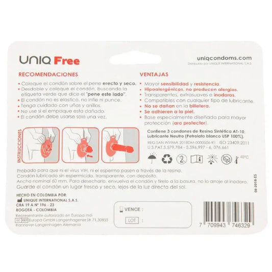 UNIQ - FREE PRESERVATIVOS CON ARO PROTECTOR SIN LATEX 3 UNIDADES - Nuvica