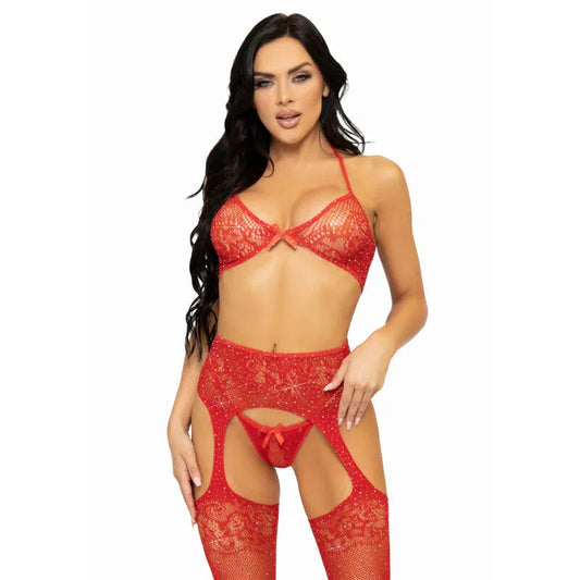 LEG AVENUE - SET TRES PIEZAS SUJETADOR, TANGA Y MEDIAS TALLA ÚNICA - NEGRO - Nuvica