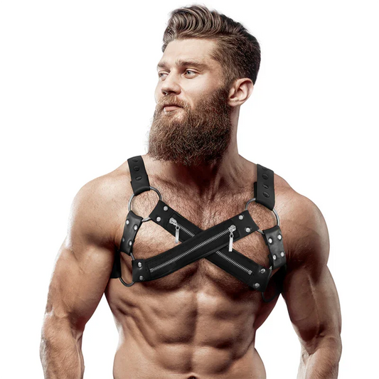 FETISH SUBMISSIVE ATTITUDE - ARNÉS BULLDOG AJUSTABLE NEOPRENO PECHO CRUZADO CON CREMALLERAS HOMBRE - Nuvica