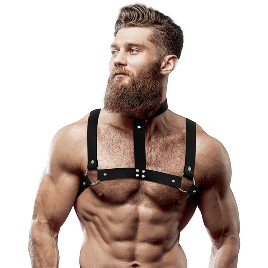 FETISH SUBMISSIVE ATTITUDE - ARNÉS AJUSTABLE ECOPIEL PECHO CON COLLAR HOMBRE - Nuvica