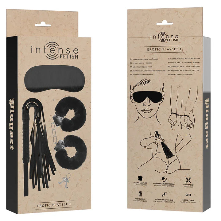 INTENSE - FETISH SET ERÓTICO 1 CON ESPOSAS, ANTIFAZ Y LÁTIGO DE CUERO VEGANO - Nuvica