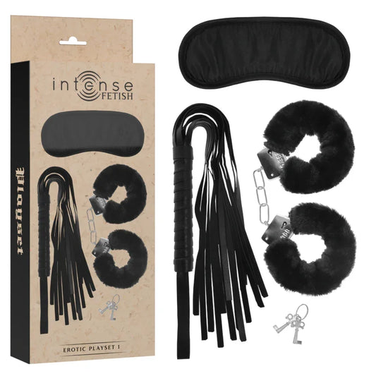 INTENSE - FETISH SET ERÓTICO 1 CON ESPOSAS, ANTIFAZ Y LÁTIGO DE CUERO VEGANO - Nuvica