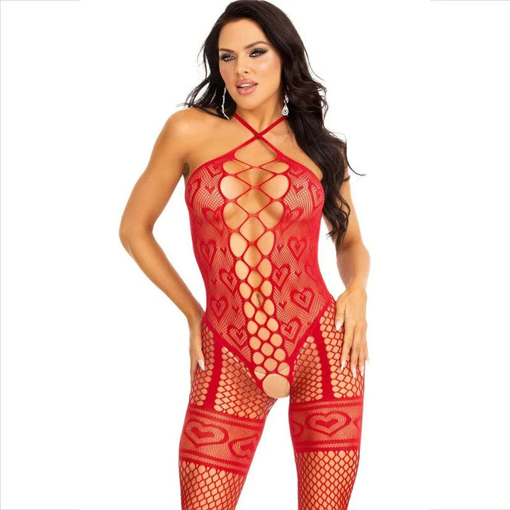 LEG AVENUE - BODYSTOCKING CUELLO HALTER RED CORAZONES ROJO - Nuvica