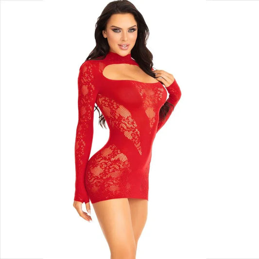 LEG AVENUE - MINI VESTIDO DE ENCAJE CON MANGA LARGA ROJO - Nuvica