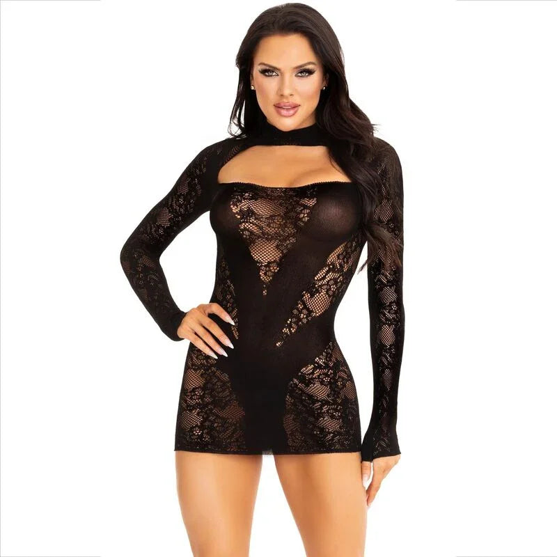 LEG AVENUE - MINI VESTIDO DE ENCAJE CON MANGA LARGA NEGRO - Nuvica
