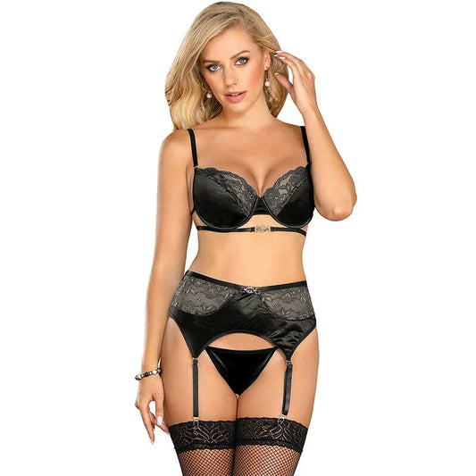 SUBBLIME - SET DE 3 PIEZAS SUJETADOR + TANGA + LIGA ENCAJE NEGRO S/M - Nuvica