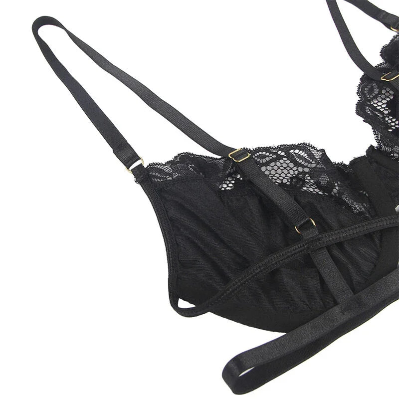 SUBBLIME - SET DE 3 PIEZAS SUJETADOR + TANGA + LIGA ENCAJE NEGRO S/M - Nuvica