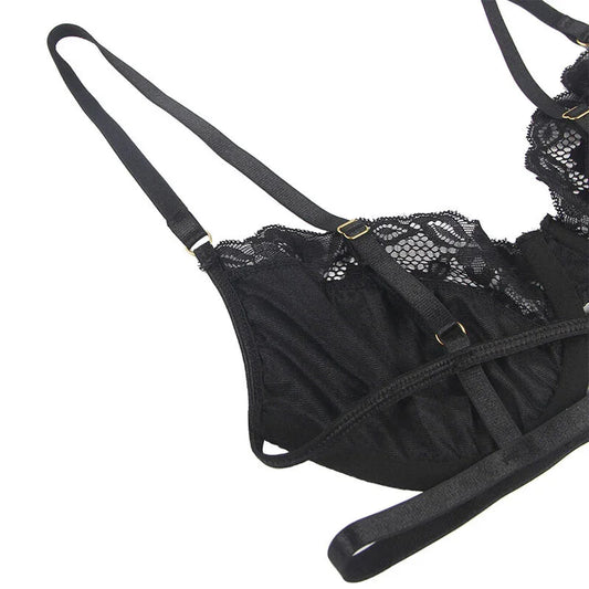SUBBLIME - SET DE 3 PIEZAS SUJETADOR + TANGA + LIGA ENCAJE NEGRO S/M - Nuvica