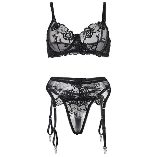 SUBBLIME - SET DE 3 PIEZAS SUJETADOR + TANGA + LIGA ESTAMPADO FLORAL NEGRO S/M - Nuvica