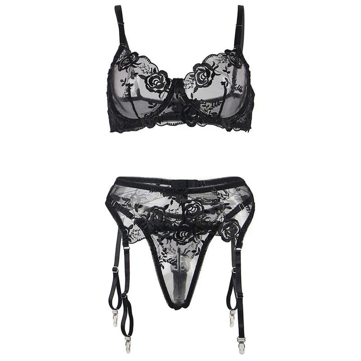 SUBBLIME - SET DE 3 PIEZAS SUJETADOR + TANGA + LIGA ESTAMPADO FLORAL NEGRO S/M - Nuvica