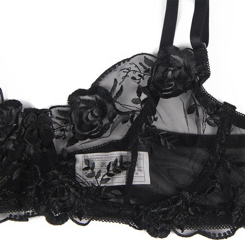 SUBBLIME - SET DE 3 PIEZAS SUJETADOR + TANGA + LIGA ESTAMPADO FLORAL NEGRO S/M - Nuvica