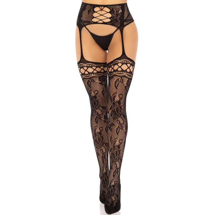LEG AVENUE - MEDIAS DE LIGUERO ENCAJE FLORAL NEGRO - Nuvica