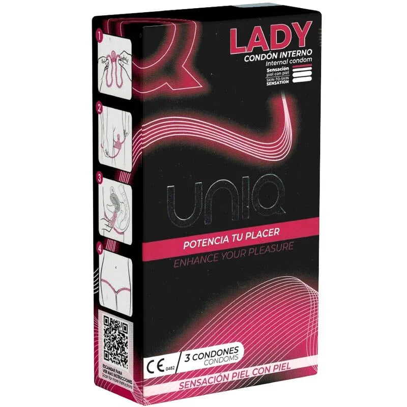 UNIQ - LADY CONDOM PRESERVATIVOS FEMENINOS CON LIGUERO SIN LATEX 3 UNIDADES - Nuvica
