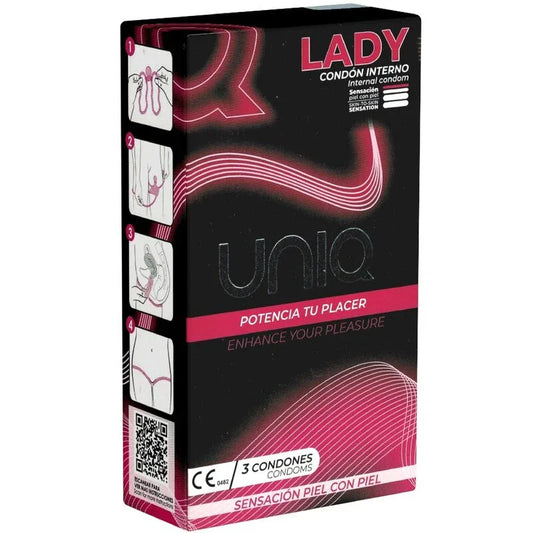 UNIQ - LADY CONDOM PRESERVATIVOS FEMENINOS CON LIGUERO SIN LATEX 3 UNIDADES - Nuvica