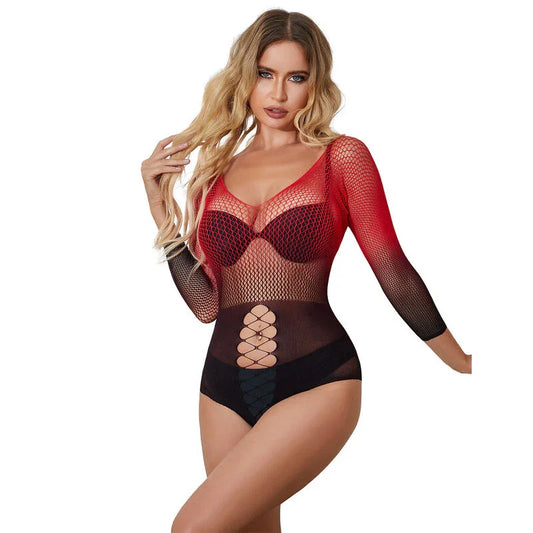 SUBBLIME - 952259 VESTIDO DE REJILLA ELÁSTICO MANGA LARGA DEGRADADO ROJO Y NEGRO TALLA ÚNICA - Nuvica