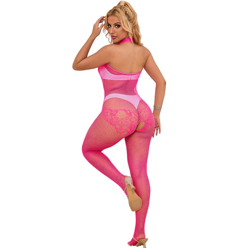 SUBBLIME - 952389 BODYSTOCKING CROTCHLESS DE REJILLA Y ENCAJE CON CUELLO ALTO ROSA TALLA ÚNICA - Nuvica