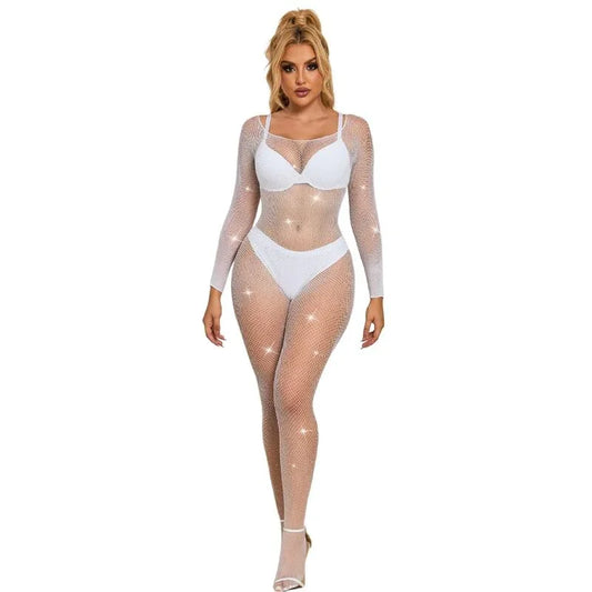 SUBBLIME - 952396 BODYSTOCKING DE REJILLA CON DIAMANTES MANGA LARGA BLANCO TALLA ÚNICA - Nuvica
