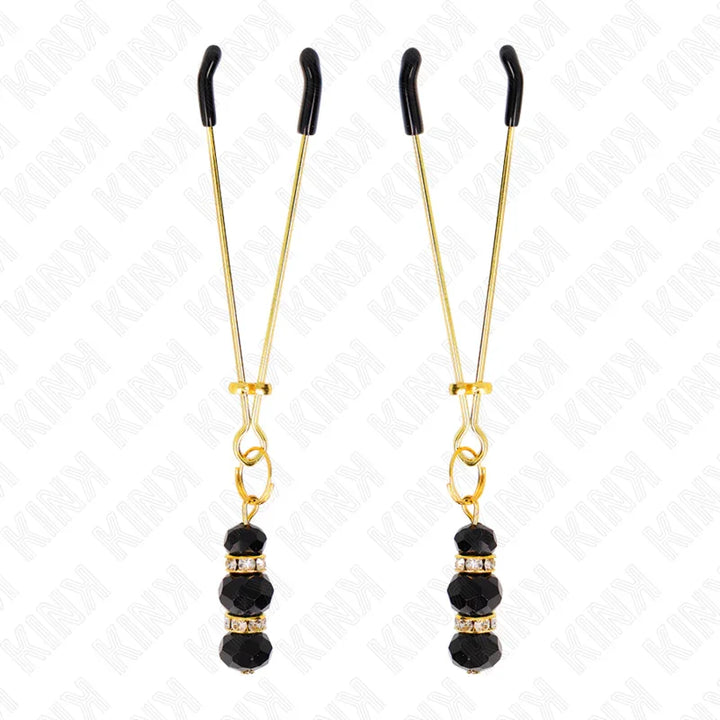KINK - PINZAS PARA PEZONES DORADA FINA CON TRIPLE BOLA DE VIDRIO NEGRO 7 CM - Nuvica