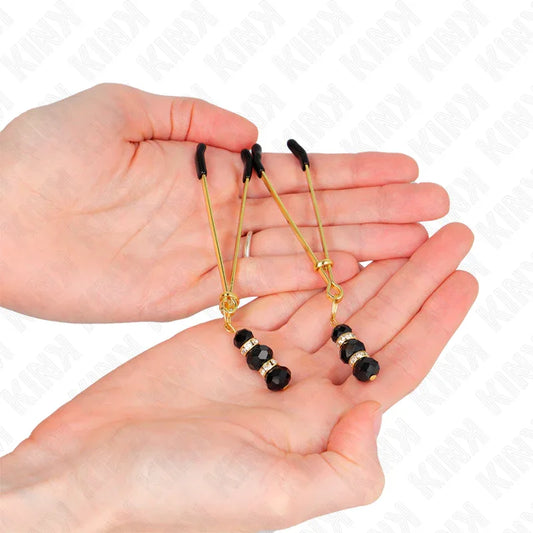 KINK - PINZAS PARA PEZONES DORADA FINA CON TRIPLE BOLA DE VIDRIO NEGRO 7 CM - Nuvica