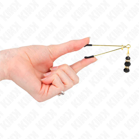KINK - PINZAS PARA PEZONES DORADA FINA CON TRIPLE BOLA DE VIDRIO NEGRO 7 CM - Nuvica