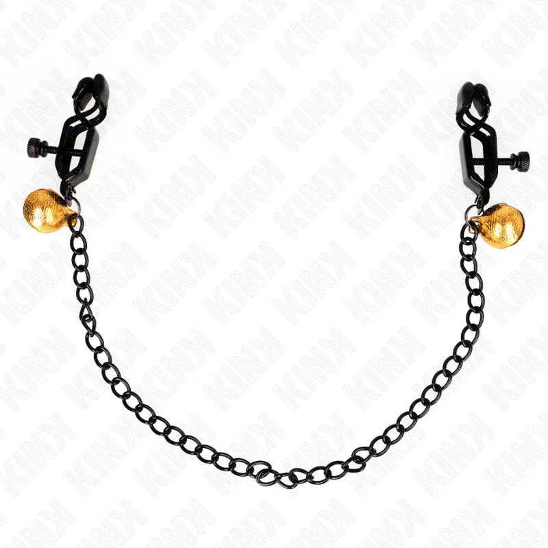 KINK - PINZAS PARA PEZONES PLANAS NEGRO CON CASCABEL Y CADENA PLATEADO 30 CM - Nuvica