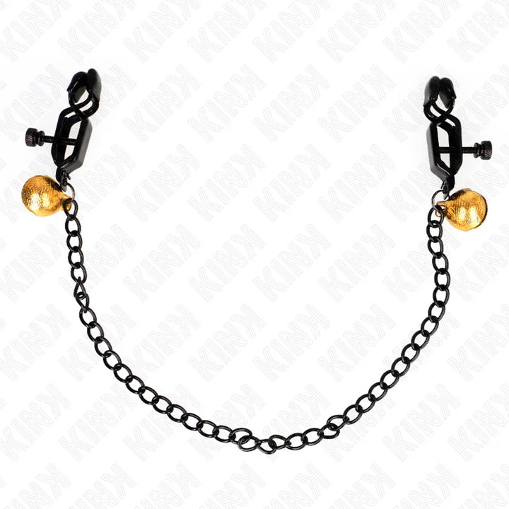 KINK - PINZAS PARA PEZONES PLANAS NEGRO CON CASCABEL Y CADENA PLATEADO 30 CM - Nuvica
