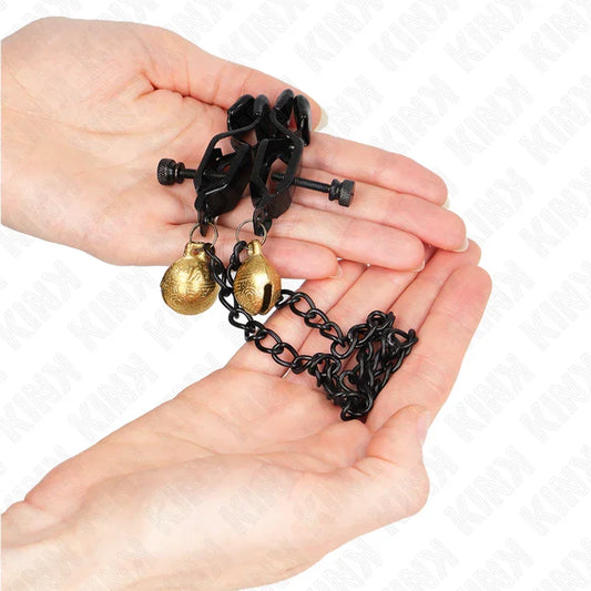 KINK - PINZAS PARA PEZONES PLANAS NEGRO CON CASCABEL Y CADENA PLATEADO 30 CM - Nuvica