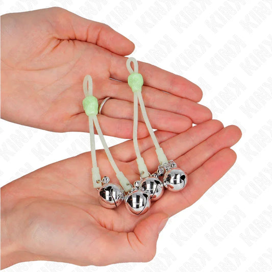 KINK - PINZAS PARA PEZONES LUMINOSAS FORMA CALABERA CON CASCABEL SONORO AJUSTABLE VERDE / PLATEADO - Nuvica